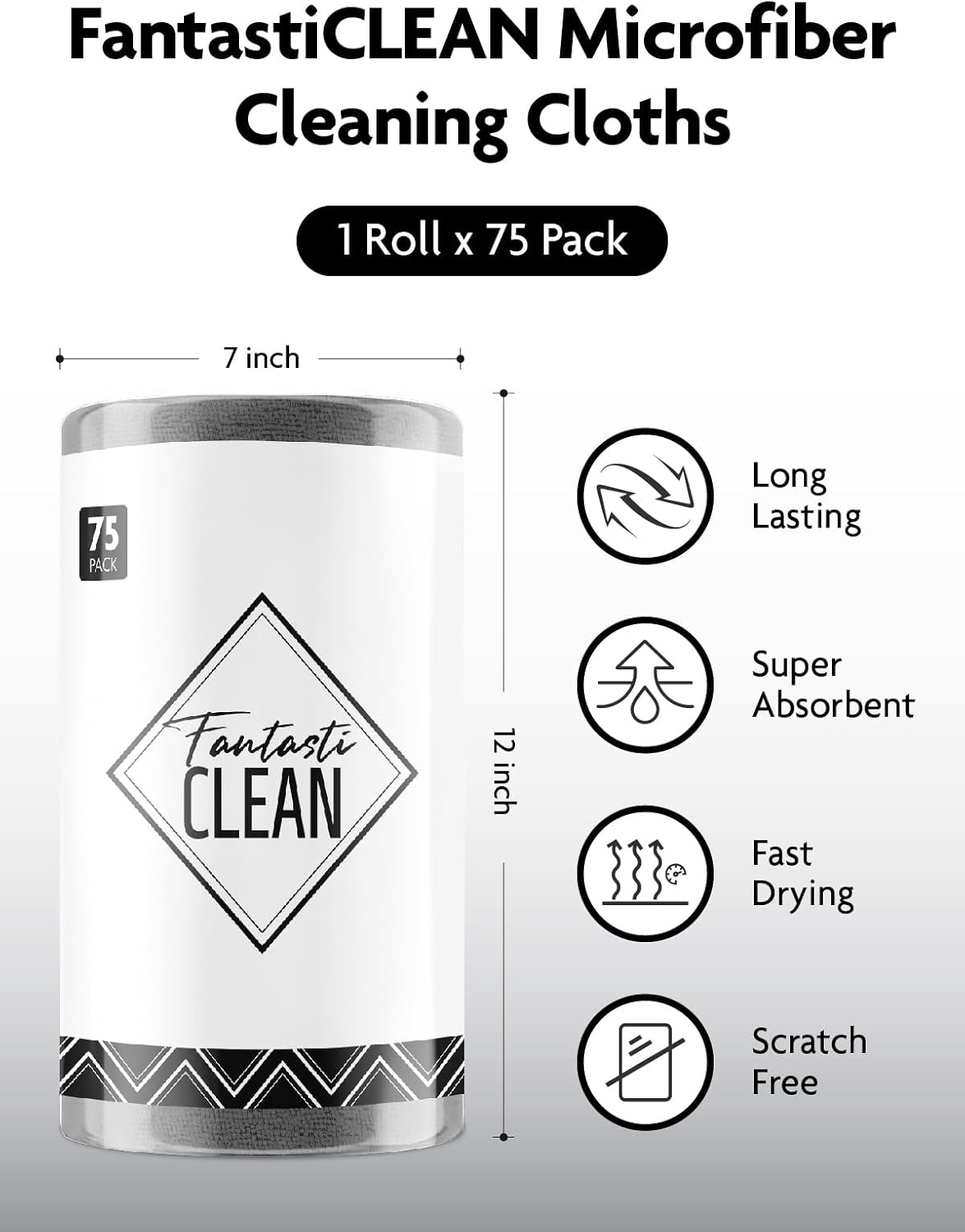 Fantasticlean Microfiber Cleaning Cloth Roll -75 Pack, Tear Away Microfiber Towels, 12" x 12", Reusable, Washable, Scratch Free, Ultra Absorbent Dishcloth for All-Around Cleaning Supplies (White)