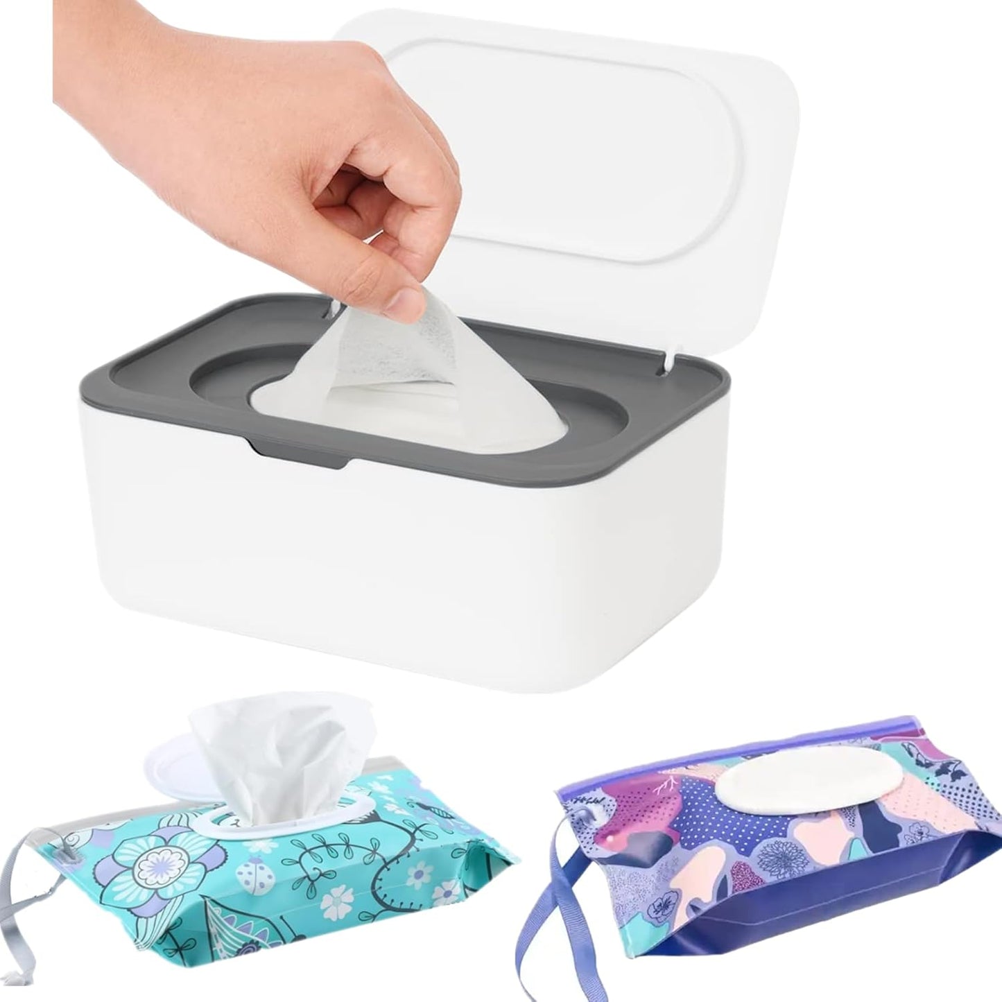 Wipe Dispenser White,Reusable Flushable Wipe Holder Set with 2Pcs Refillable Portable Wipe Bag for Baby Adult Bathroom,Wipe Container with Lids Keeps Wipes Fresh,Baby Shower New Mom Gifts