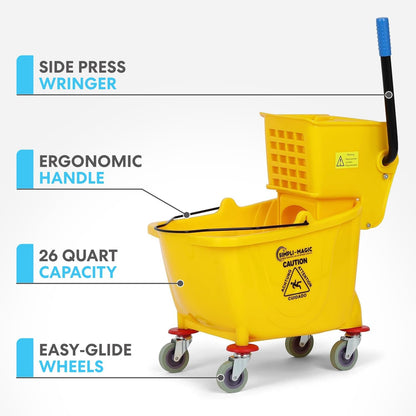 Simpli-Magic 79358 Commercial Mop Bucket with Side Press Wringer, 26 Quart, 14.75"L x 12.95"W x 19.95"H, Yellow