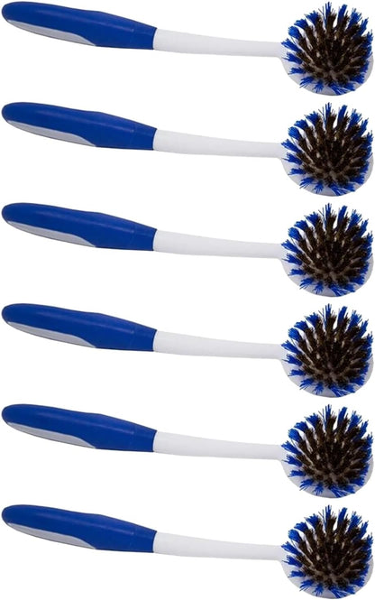 Dish Brush Scrubber for Kitchen, 2 Pack, by LOLA, Has Stiff Bristles & Food Scraper, Comfort No-Slip Grip Handle, Safe for Non-Stick & Coated Cookware