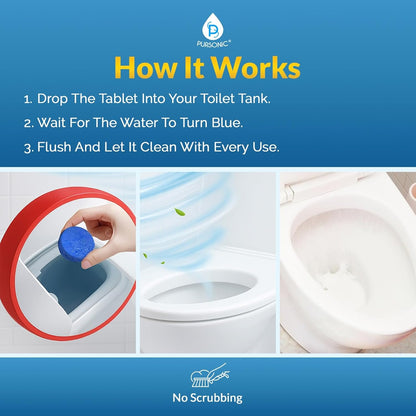 Pursonic Automatic Toilet Bowl Cleaner 48 Tablets 4 Year Supply - Blue Gel Toilet Tank Cleaners, Long-Lasting - Septic-Safe Hard Water Ring Stain Remover, Smell Eliminator Deodorizer, Fresh Scent