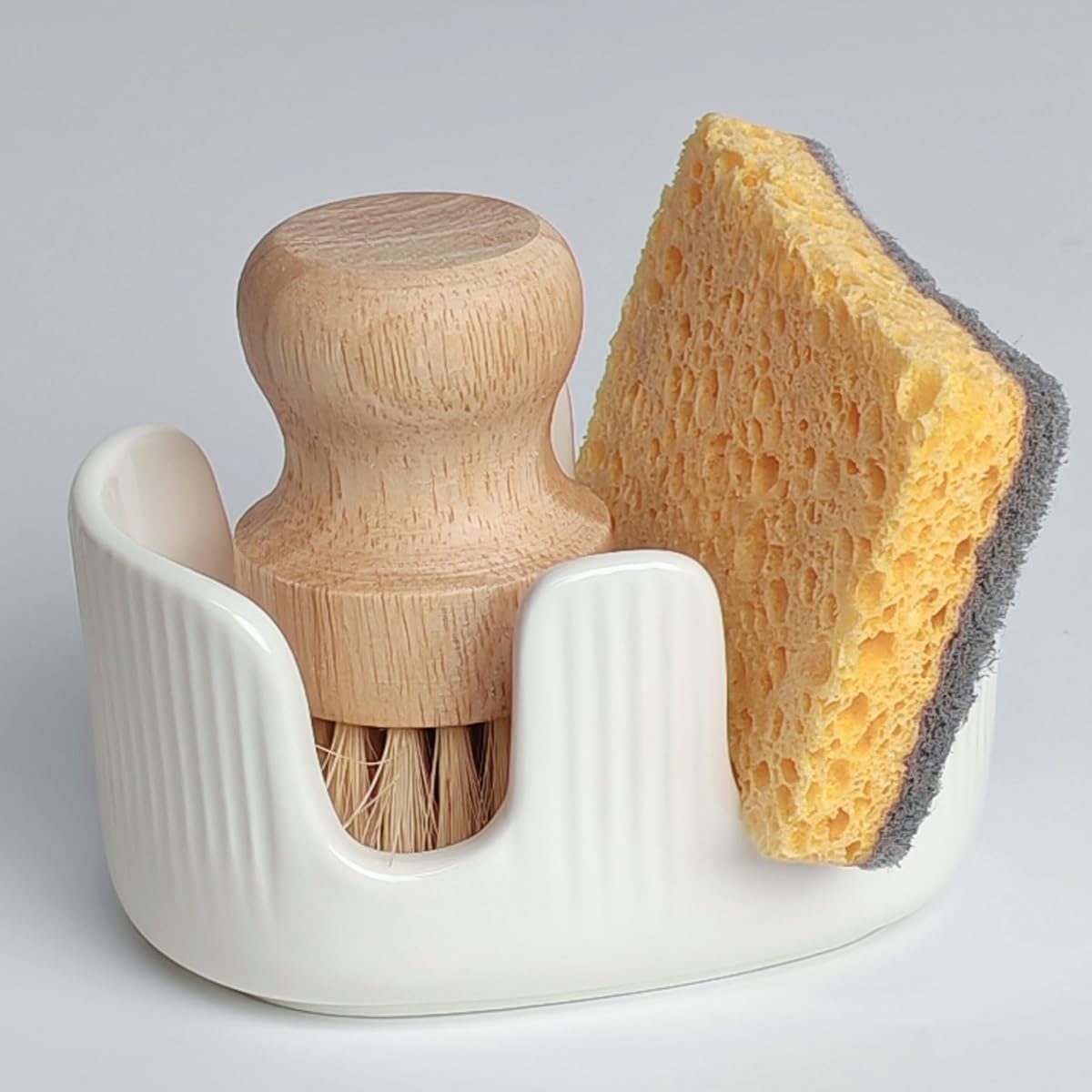 Ceramic Double Sponge Holder with Soap Tray, 2-Slot Countertop Sink Organizer, Modern White Kitchen Sponge & Dish Soap Holder, Rust-Free, Easy to Clean, Decorative Sink Caddy Set
