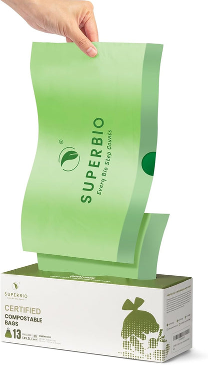 SUPERBIO 4 Gallon Compostable Drawstring Food Scrap Bags,15.1 Liter, 40 Count, 0.9 Mil,Heavy Duty Waste Bags, BPI, Seedling and OK compost INDUSTRIAL