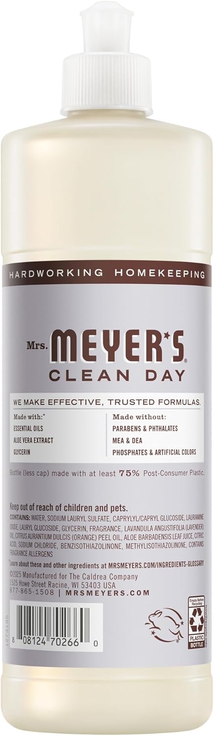 MRS. MEYER'S CLEAN DAY Liquid Dish Soap, Cruelty Free Formula, Lavender Scent, 16 oz