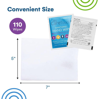 Care Touch Hand Sanitizer Wipes - 110 Hand Wipes Individually Wrapped - Travel Size - Sanitizing Wet Wipes for Home, Office & Outdoor Use
