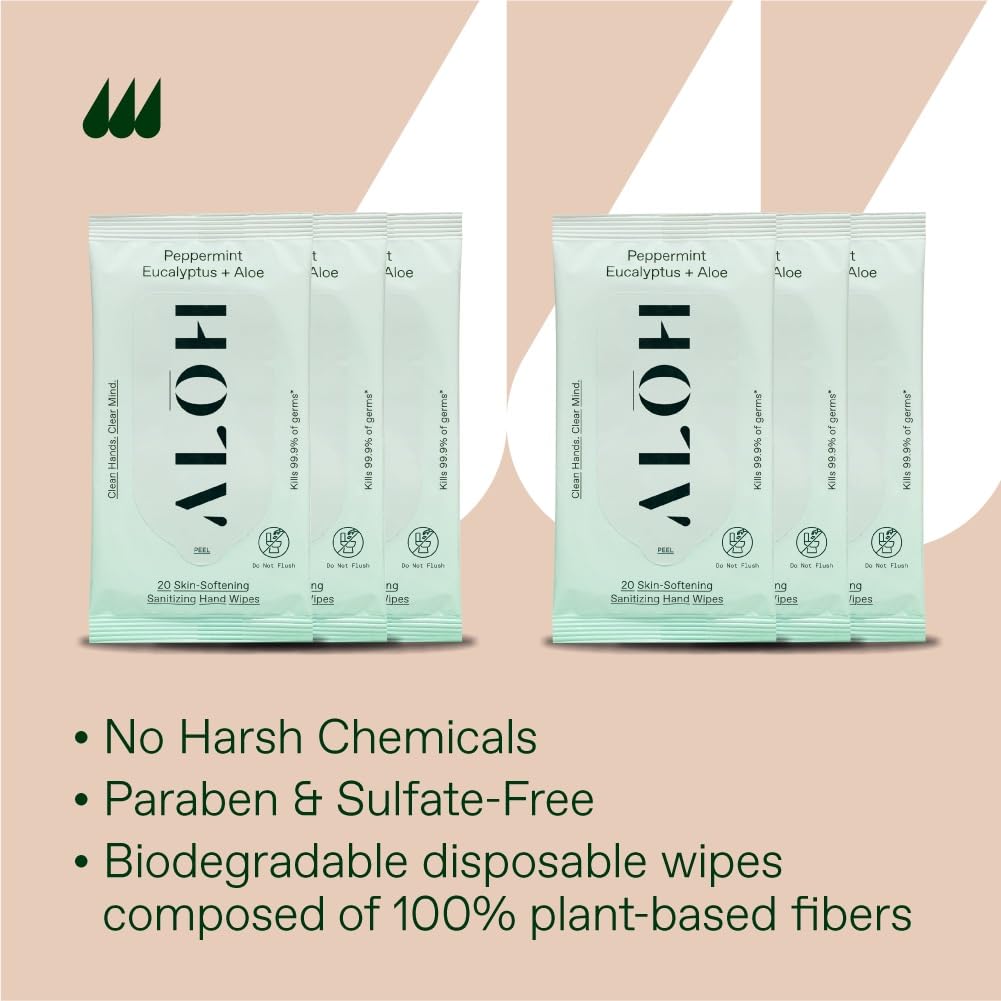ALŌH Peppermint Eucalyptus + Aloe Sanitizing Hand Wipes - Clean Hands, Clear Mind On The Go Sanitizer for Kids and Adults - Travel Size 3 Pack 20ct Wipes (60 Wipes)