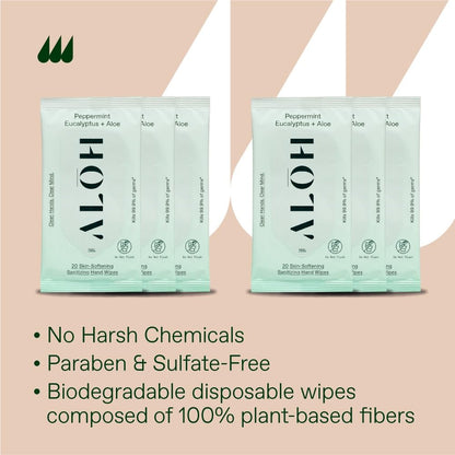ALŌH Peppermint Eucalyptus + Aloe Sanitizing Hand Wipes - Clean Hands, Clear Mind On The Go Sanitizer for Kids and Adults - Travel Size 3 Pack 20ct Wipes (60 Wipes)