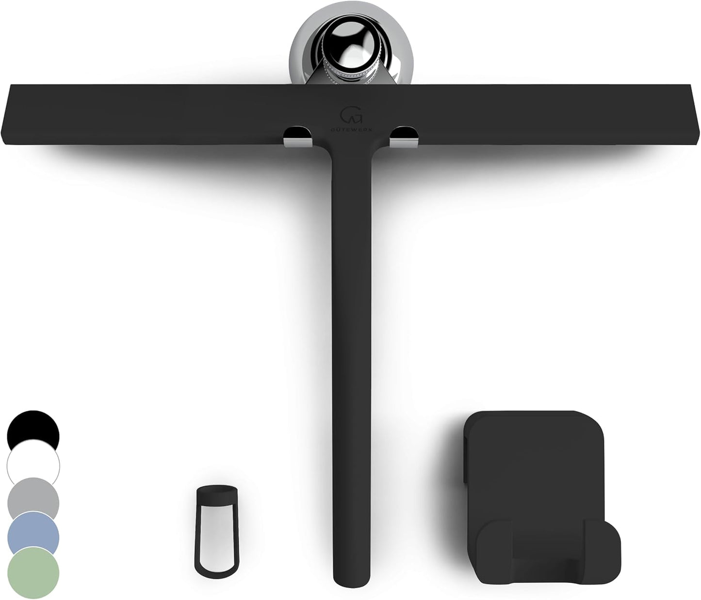 GÜTEWERK Silicone Shower Squeegee for Glass Doors & Mirrors with Stainless Steel Core, Streak-Free & No-Squeak Window Cleaning, 3-in-1 No-Drill Mount (Hook/Suction/Adhesive), Black, 9''
