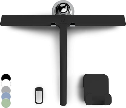 GÜTEWERK Silicone Shower Squeegee for Glass Doors & Mirrors with Stainless Steel Core, Streak-Free & No-Squeak Window Cleaning, 3-in-1 No-Drill Mount (Hook/Suction/Adhesive), Black, 9''