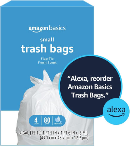 Amazon Basics Small 4 Gallon Trash Bags with Flap Ties, Fresh Scent, Odor Control, 0.5 mil Thick, 80 Count