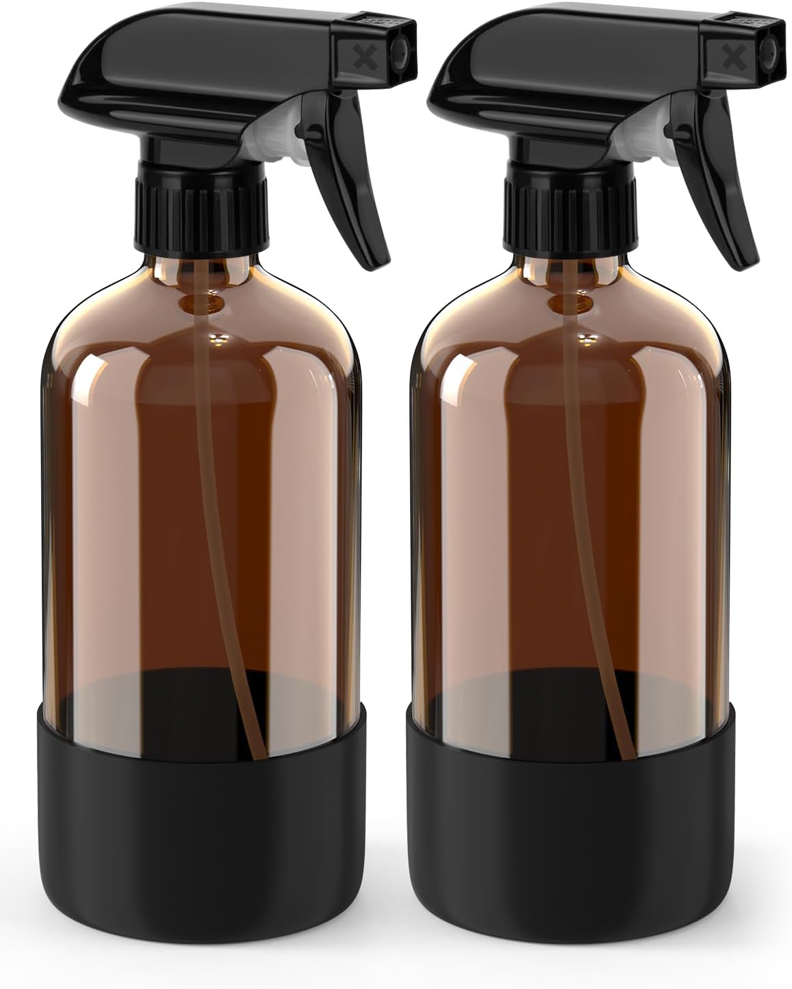 Bontip Glass Spray Bottle with Silicone Sleeve Protection, Amber Glass Spray Bottle Set for Window Cleaner Aromatherapy Facial Hydration Watering Flowers Hair Care 2 Pack/16 oz (Black & Brown)