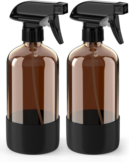 Bontip Glass Spray Bottle with Silicone Sleeve Protection, Amber Glass Spray Bottle Set for Window Cleaner Aromatherapy Facial Hydration Watering Flowers Hair Care 2 Pack/16 oz (Black & Brown)
