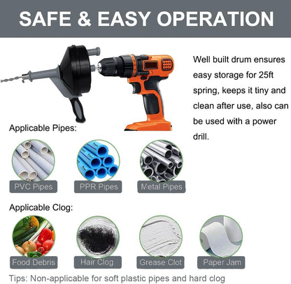 Drain Auger, Clog Remover with Drill Adapter, 25 Feet Flexible Plumbing Snake Use Manually or Powered for Kitchen, Bathroom and Shower Sink, Comes with Gloves (orange)