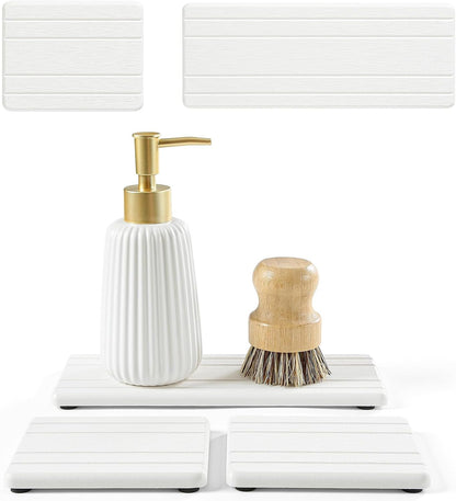 Fast Water Absorption Sink Organizer Tray Set, 3-Pack Compact and Space-Saving Stone Soap Holder Caddy for Kitchen & Bathroom Counter, Faucet Splash Guard, White (1pc of 8"x3.8" + 2pcs of 3.8"x3.8")