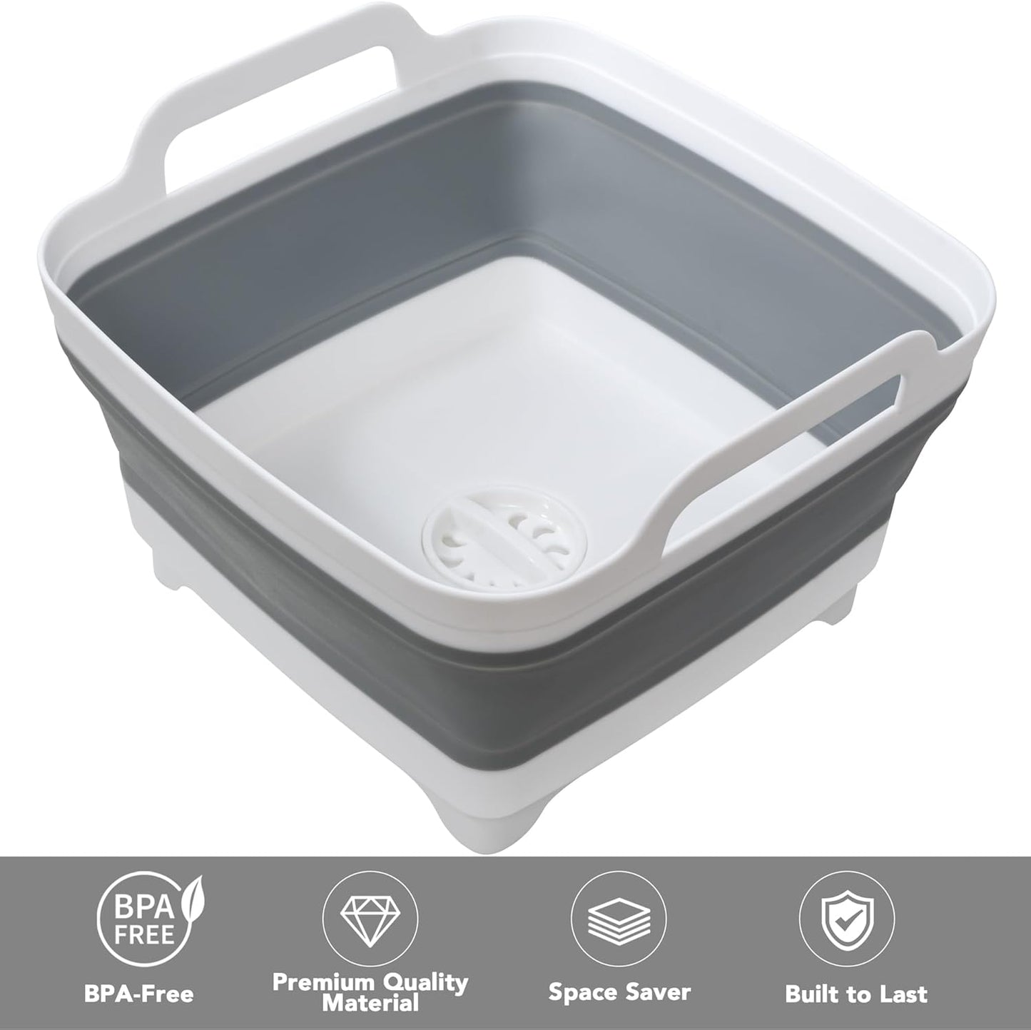 2 Pack Dishpan for Washing Dishes, 2.4Gal/9L Wash Basin with Draining Plug Carry Handles, Collapsible Bucket for Cleaning, Portable Sink, Foldable Plastic Tub