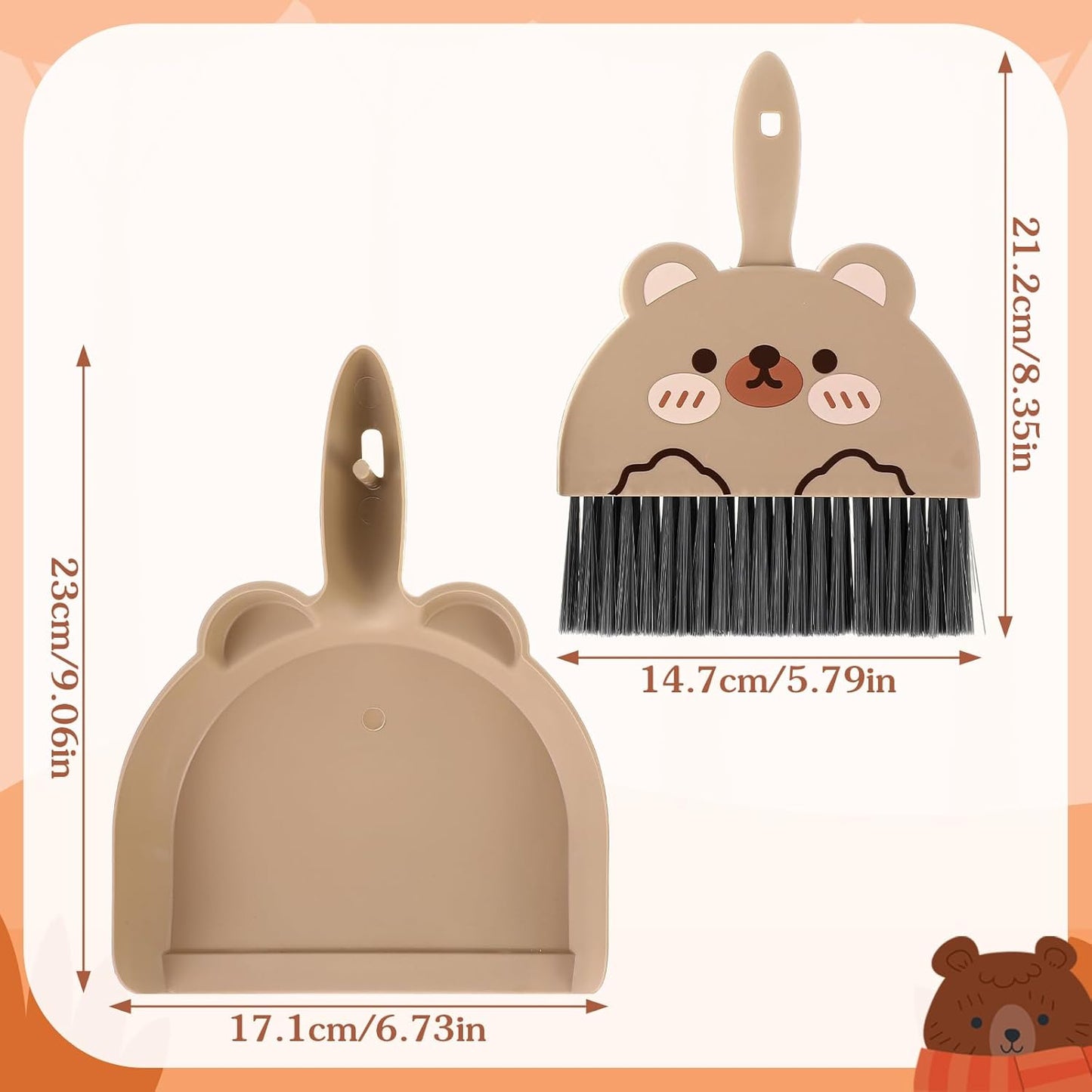 Ouligay Portable Hand Broom and Dustpan Set,Cute Mini Broom and Dustpan Set with Durable Brush,Lightweight Small Dust Pan and Broom Set for Desktop Cleaning Small Space Cleaning(Brown Bear)