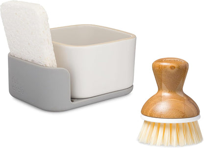 Full Circle Bubble Up Bamboo Dish Brush & Ceramic Soap Dispenser – Family Safe, Formaldehyde-Free – Kitchen Scrub Brush for Dishes, Nonstick & Cast Iron, White