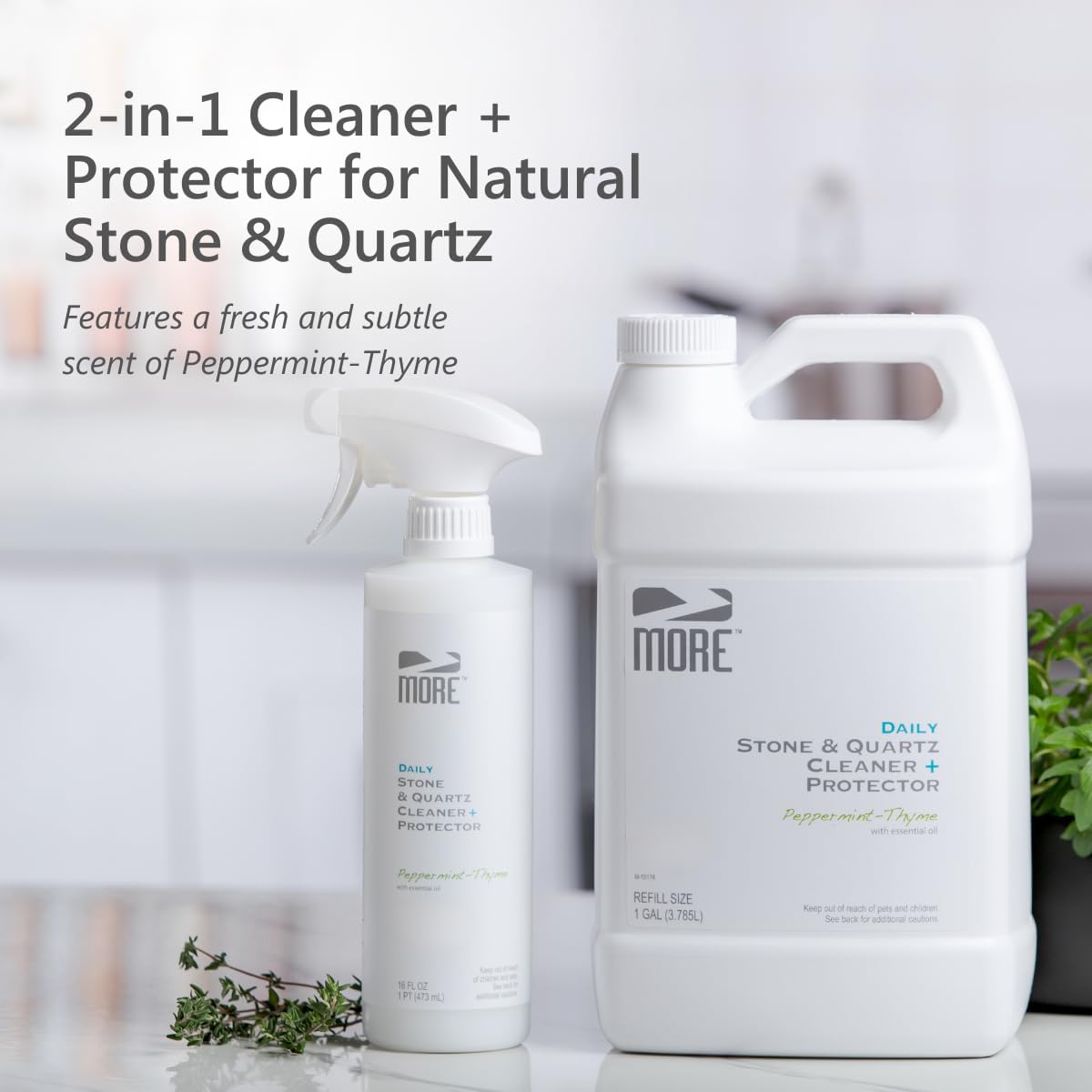 MORE Stone & Quartz Cleaner + Protector - Water-Based Surface Spray - Granite, Quartz & Marble Cleaner - For Kitchen & Bathroom Countertops & Floors - Peppermint-Thyme Essential Oil - Pint (16oz)