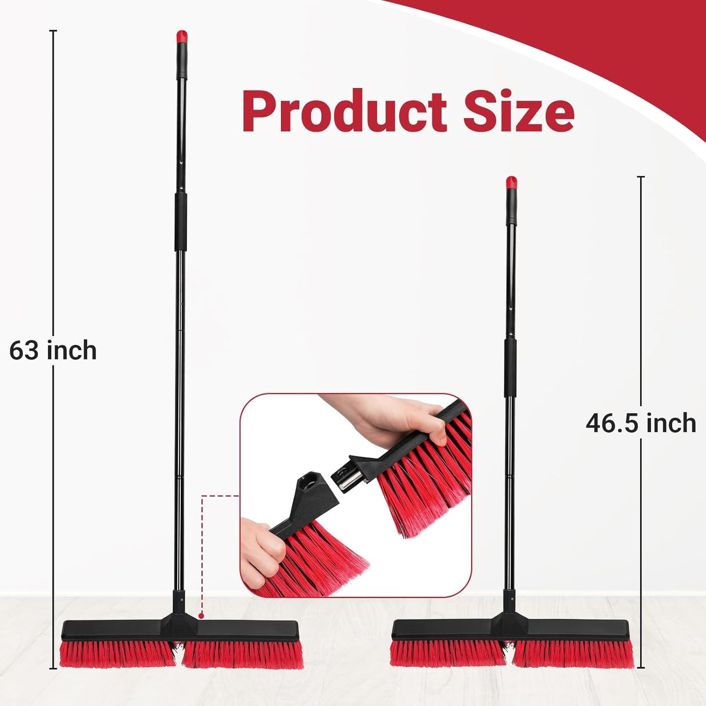 24" Push Broom with 63" Long Handle, Heavy Duty Broom for Floor Sweeping, Stiff Bristles Broom Brush for Workshop, Garage, Concrete, Patio and Deck