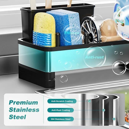 304 Stainless Steel Sink Caddy with Auto-Drain, Rustproof Sink Organizer, Sponge Holder with Removable Brush Holder & Towel Rack, Countertop Storage for Dish Soap Dispenser, Kitchen Sink Accessories