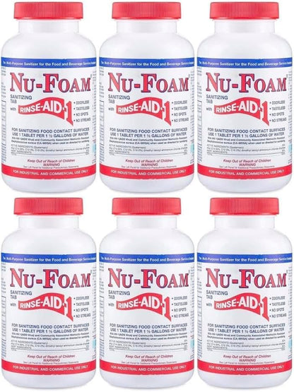 Nu-Foam Sanitizing Tablets for Bar Glassware – Superior Rinse Aid - Hand Washing Bar, Tavern, Brewery Supplies - Spotless Serving Glasses - 6 Jars 600 Tablets/ 3600 Quarts (6 Pack 600 Tablets)