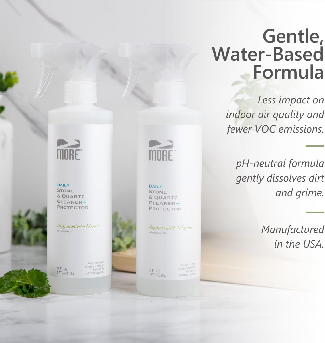 MORE Stone & Quartz Cleaner + Protector - Water-Based Surface Spray - Granite, Quartz & Marble Cleaner - For Kitchen & Bathroom Countertops & Floors - Peppermint-Thyme Essential Oil - Pint (16oz)