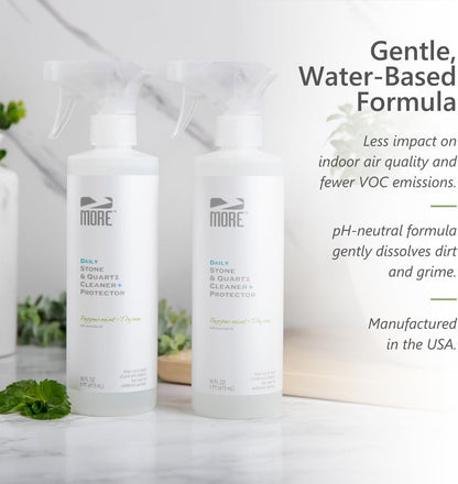 MORE Stone & Quartz Cleaner + Protector - Water-Based Surface Spray - Granite, Quartz & Marble Cleaner - For Kitchen & Bathroom Countertops & Floors - Peppermint-Thyme Essential Oil - Pint (16oz)
