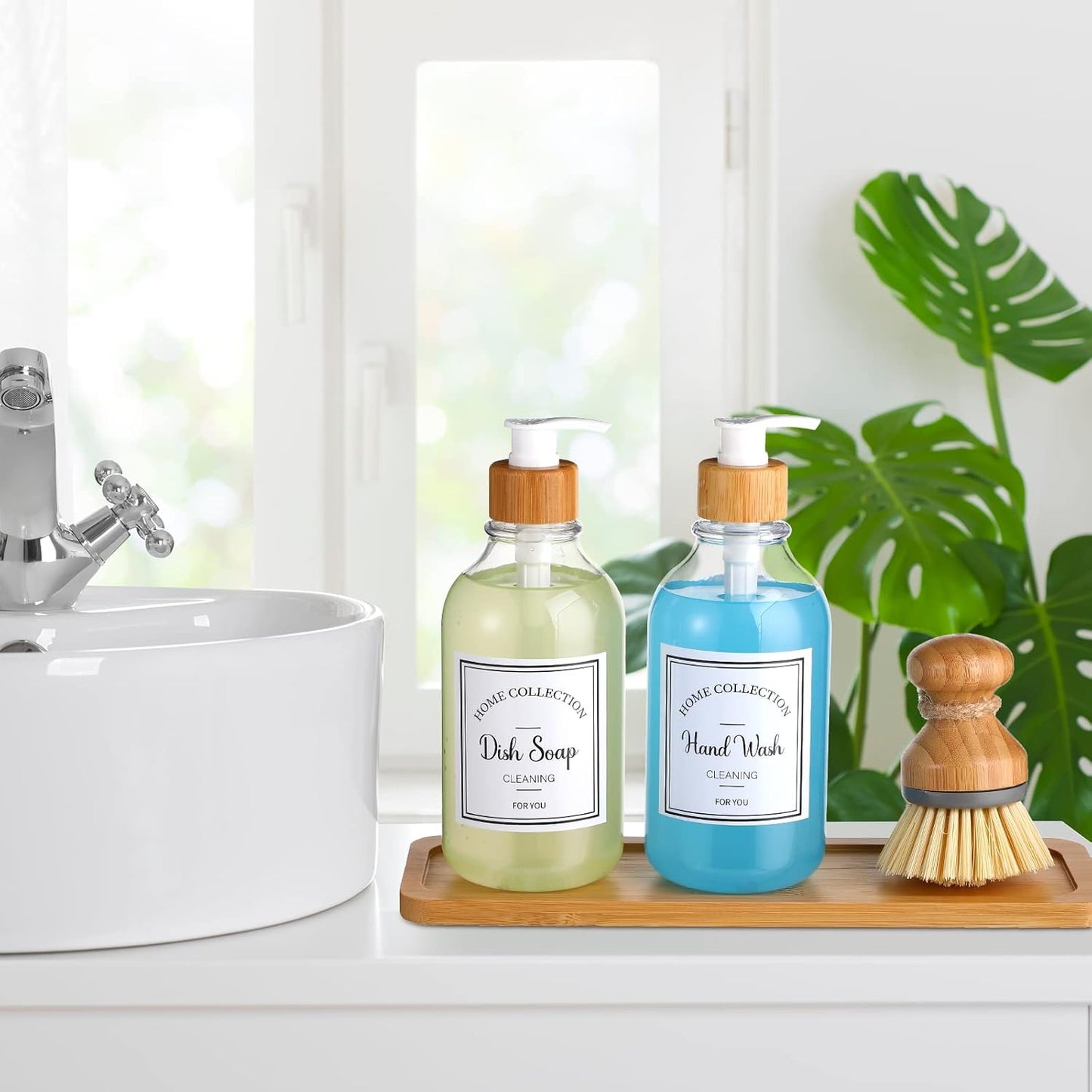 Zopeal 4 Pcs 16 oz Kitchen Soap Dispenser Set with Bamboo Tray and Dish Brush Plastic Soap Dispenser Set with Waterproof Labels for Hand Dish Lotion(Frosted Black)