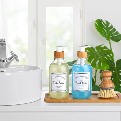 Zopeal 4 Pcs 16 oz Kitchen Soap Dispenser Set with Bamboo Tray and Dish Brush Plastic Soap Dispenser Set with Waterproof Labels for Hand Dish Lotion(Frosted Black)