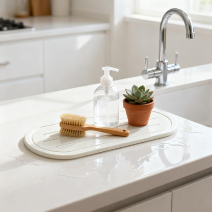 2PCS Water Absorbing Stone Drying Tray Mat for Bathroom Sink & Kitchen Counter Faucet Organizer, Quick Dry Dish Rack Soap Dispenser Sponge Holder, Vanity Sink Caddy Bar Coaster, Ivory White 8“x 4”