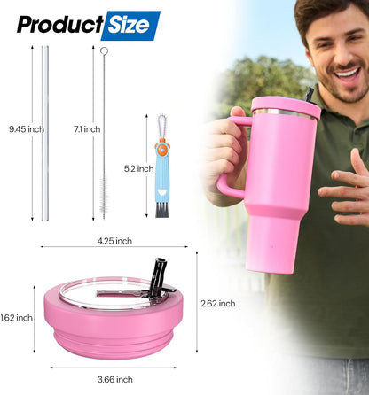 40 Oz Tumbler Flip Straw Lid Compatible with Stanley Quencher Cup, Anti Spill Replacement Cup Covers, Durable Silicone Leak Proof Lids with Cleaning Brush Set for Travel Storage