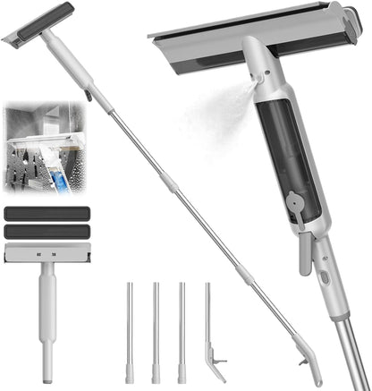 4 in 1 Window Squeegee with Water Tank,Window Cleaner Tool with Remote Control Water Spray,16'' to 72'' Adjustable Extension Pole,Wastewater Tray,Sponge Window Squeegee for Shower Glass Car Window