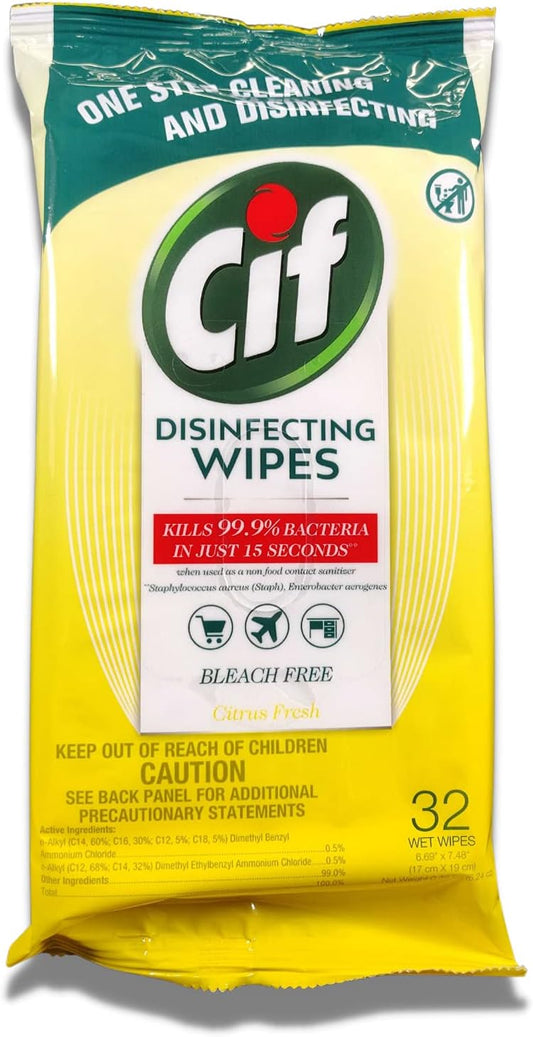 Cif Multi Surface Disinfecting Hand Wet Citrus Wipes for All Hard Non Porous Surfaces, Remove 99 Percent of Diseases, 32 Count