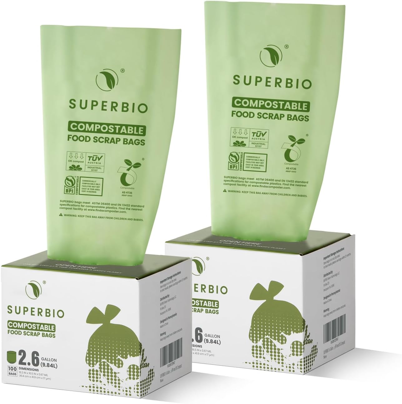 SUPERBIO 1.6 Gallon Handle Tie Compostable Food Scrap Bags For Counter Top Compost Bin, Small Compost Bags, 50 Count, 6 Liter, BPI & OK compost INDUSTRIAL Certified