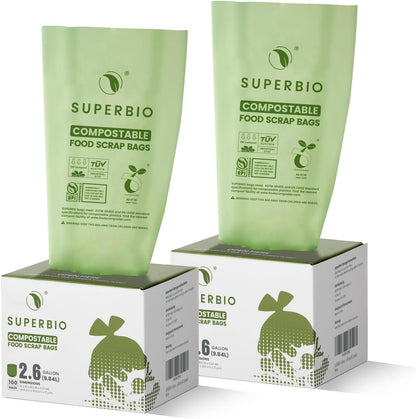 SUPERBIO 1.6 Gallon Handle Tie Compostable Food Scrap Bags For Counter Top Compost Bin, Small Compost Bags, 50 Count, 6 Liter, BPI & OK compost INDUSTRIAL Certified