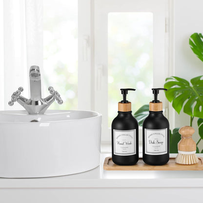 Zopeal 4 Pcs 16 oz Kitchen Soap Dispenser Set with Bamboo Tray and Dish Brush Plastic Soap Dispenser Set with Waterproof Labels for Hand Dish Lotion(Frosted Black)