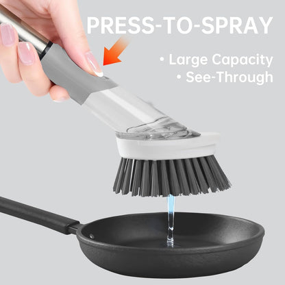 Soap Dispensing Scrub Brush - 4-in-1 Kitchen Cleaning Brush with Built-in Tank, Scraper Heads for Stubborn Grime on Pots Pans, Stand/Hang Storage-Blue
