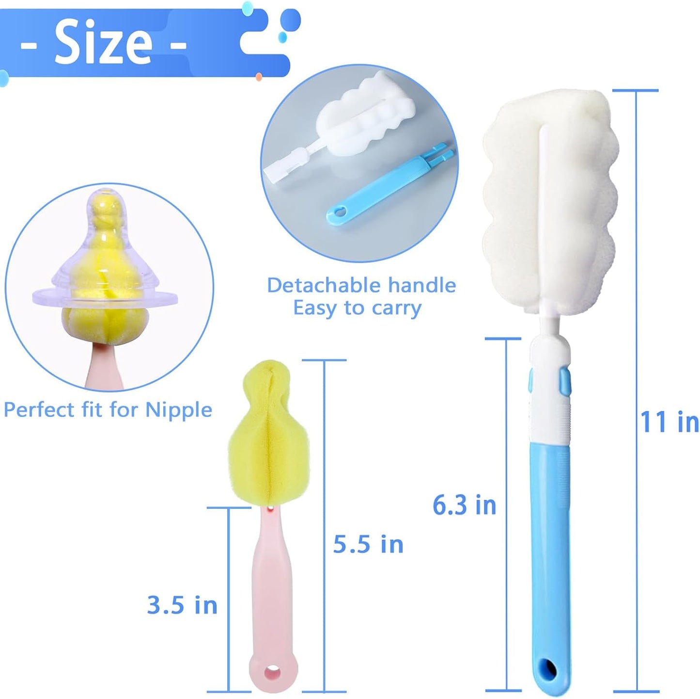 Bottle Brush Sponge Cup Brush Set with 4 Replacement Brush Head Portable Long Handle Water Bottle Cleaner Brush, for Baby Bottles Vacuum Flasks (4 Brushes + 4 Heads)
