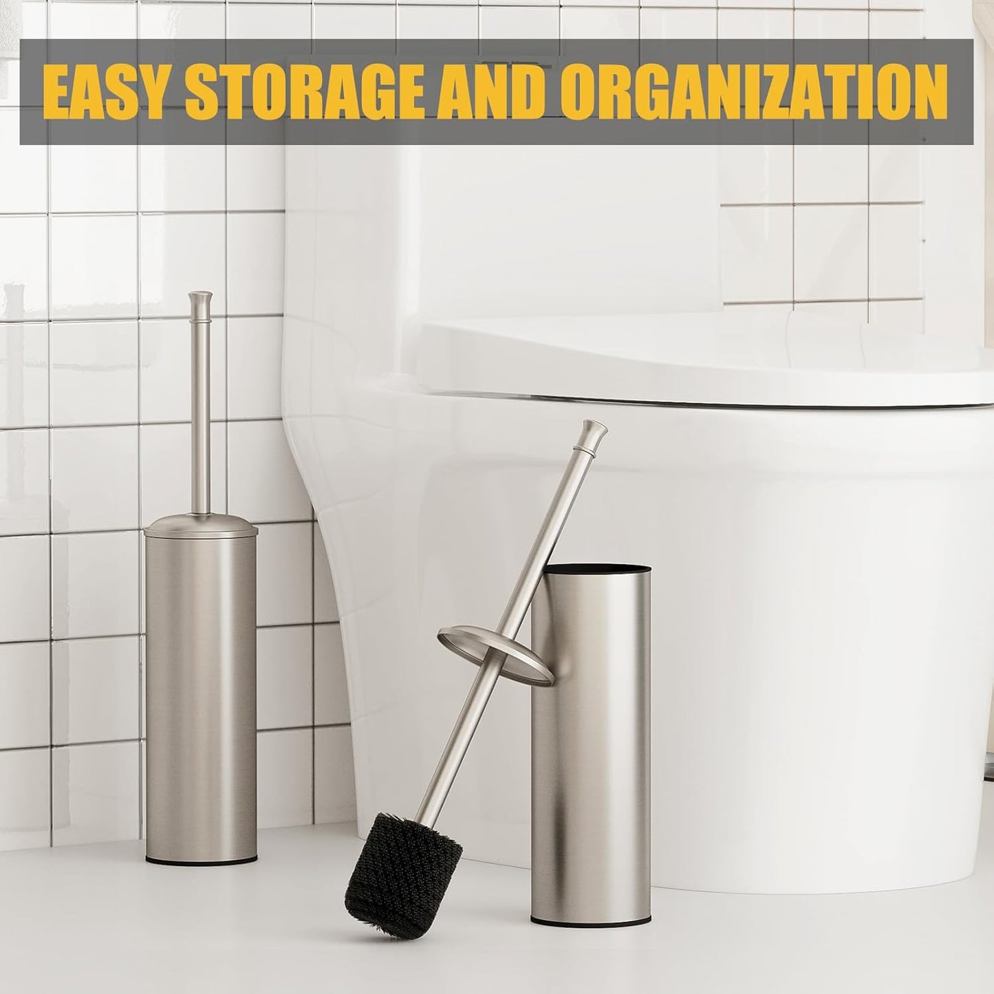 BESy Toilet Brush and Holder, Toilet Cleaner Bowl Set with Two Brush with Extra Long Handle, Durable Bristles Toilet Scrubber and Covered Holder, Drip-Proof Stainless Steel Oil Rubbed Bronze