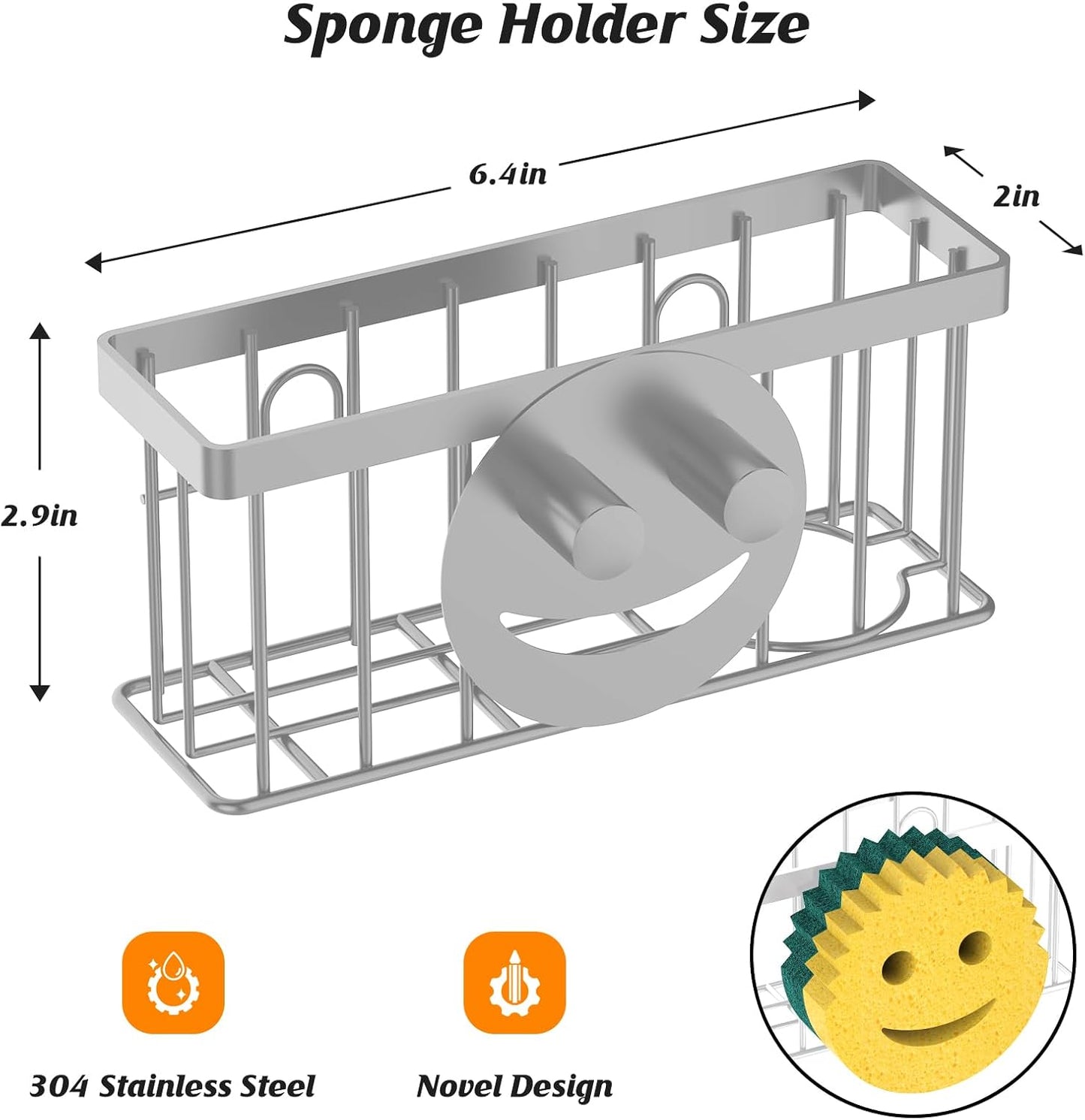 MURLONG Sponge Holder Smiley Face, Sink Caddy for kitchen Sink, Kitchen Organizer Sponge Holder with 2 PCS Suction Cups/1 PCS Adhesive Strips, Designed for Sponge, Soap, Dish brush, Scrubber-Black