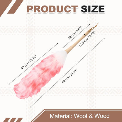 uxcell Wool Duster, 14.2" Natural Feather Cleaner Household Cleaning Duster with Solid Wooden Handle for Cleaning Fans Window Blinds Shelves Furniture, Pink