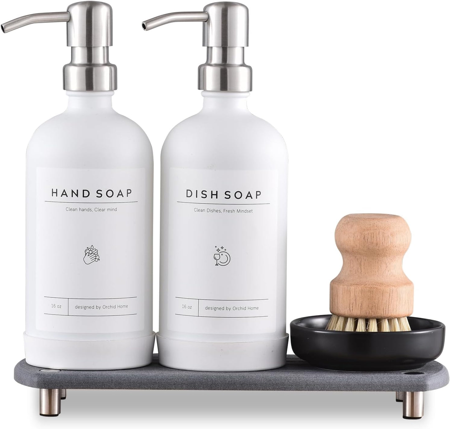 [Luxury] Kitchen Soap Dispenser Set - 16OZ Amber Glass Bottle, Stainless Steel Pump, Instant Dry Tray, Waterproof Labels, Non-Slip Silicone Pad, and Dish Brush | Upgrade for Your Kitchen and Bathroom