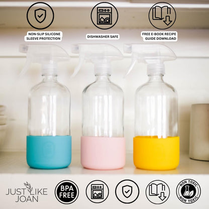 Clear Glass Spray Bottle with Silicone Sleeve for Cleaning Solutions, Essential Oils, Plants, Vinegar - 16 oz, Refillable, Food Safe (2-PACK: Rich Black & Ocean Turquoise)
