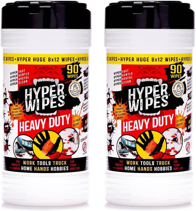 Hyper Wipes, 1 Pack Heavy Duty Hand & Tool Cleaning Wipes, 7"x12" Size Multi-Surface Cleaning Wipes, Degreasing, All Purpose Cleaner, Bathroom, Mechanic, Work Surface Wipes, 35 Count Canister