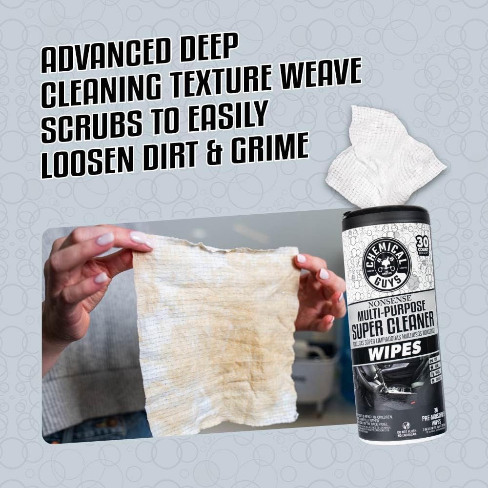 Chemical Guys Nonsense All Purpose Cleaner Wipes - 30 Count Canister For Car Interior And Exterior - Safe On Vinyl, Rubber, Plastic, Leather, Carpet, Upholstery, And More - Residue-Free Cleaning Power