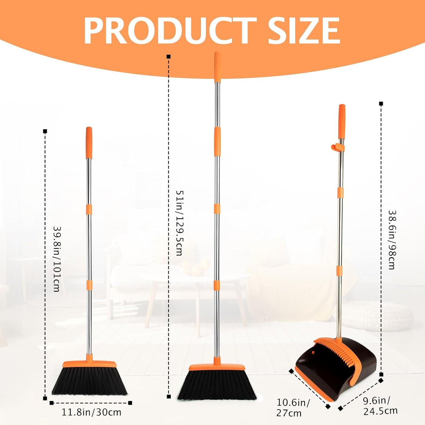 Broom and Dustpan Set, Long Handle Lightweight Dustpans with Broom Combo for Home, Indoor&Outdoor Sweeping for Home Room Kitchen Office Lobby (Charcoal)