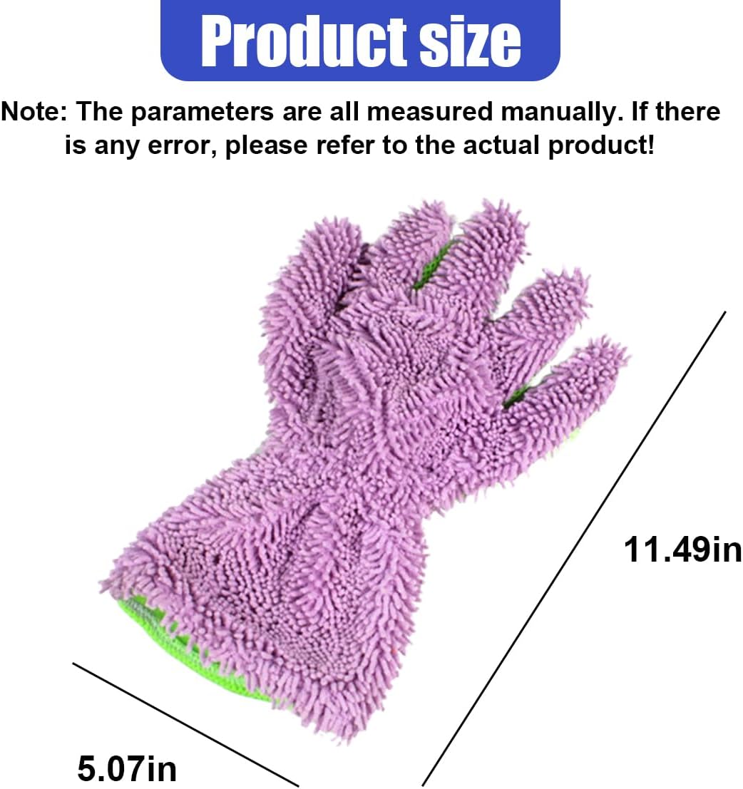 2PCS Car Wash Mitts, Double Sided Chenille Microfiber Dusting Gloves with 5-Finger Design, Anti-Scratch Auto Interior Exterior Detailing Mitt for Cleaning Wheel Tight Spot (Purple)