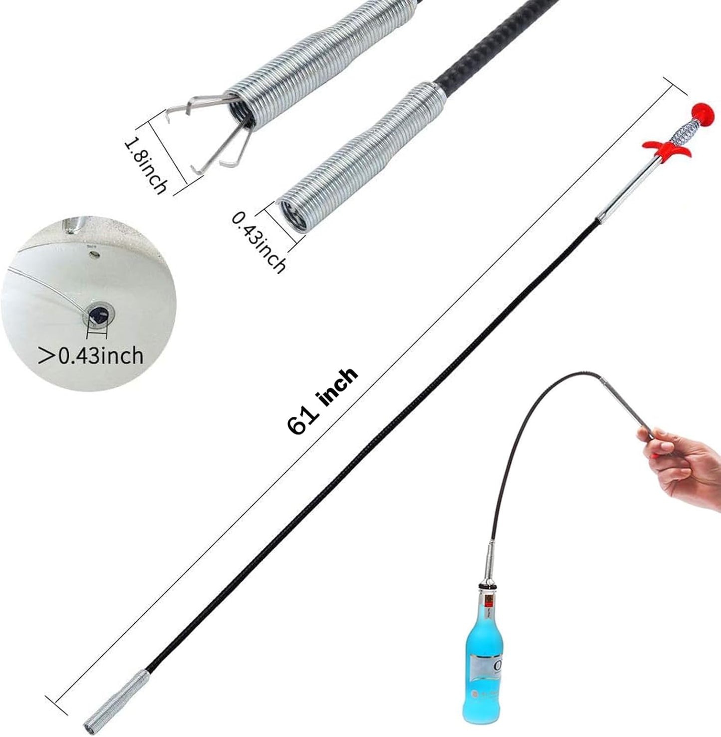 76 inch Drain Snake,Drain Clog Remover - Flexible Grabber Claw Pick Up Reacher Tool for Home Sink, Bathroom Tub,Drain, Toilet, Tight Spaces
