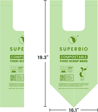 SUPERBIO 13 Gallon Compostable Kitchen Waste Bags with Handles, Food Scrap Bags Certified by BPI, OK compost INDUSTRIAL, 30 Count, 49.2L