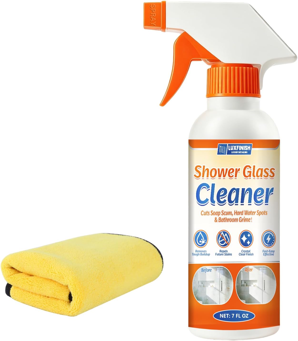 Shower Glass Cleaner – Hard Water Stain Remover Removes Limescale & Soap Scum for Bathroom Glass Doors, Shower Doors, Windows, Mirrors & Tiles – Streak-Free Instant Shine, 200ml/7oz